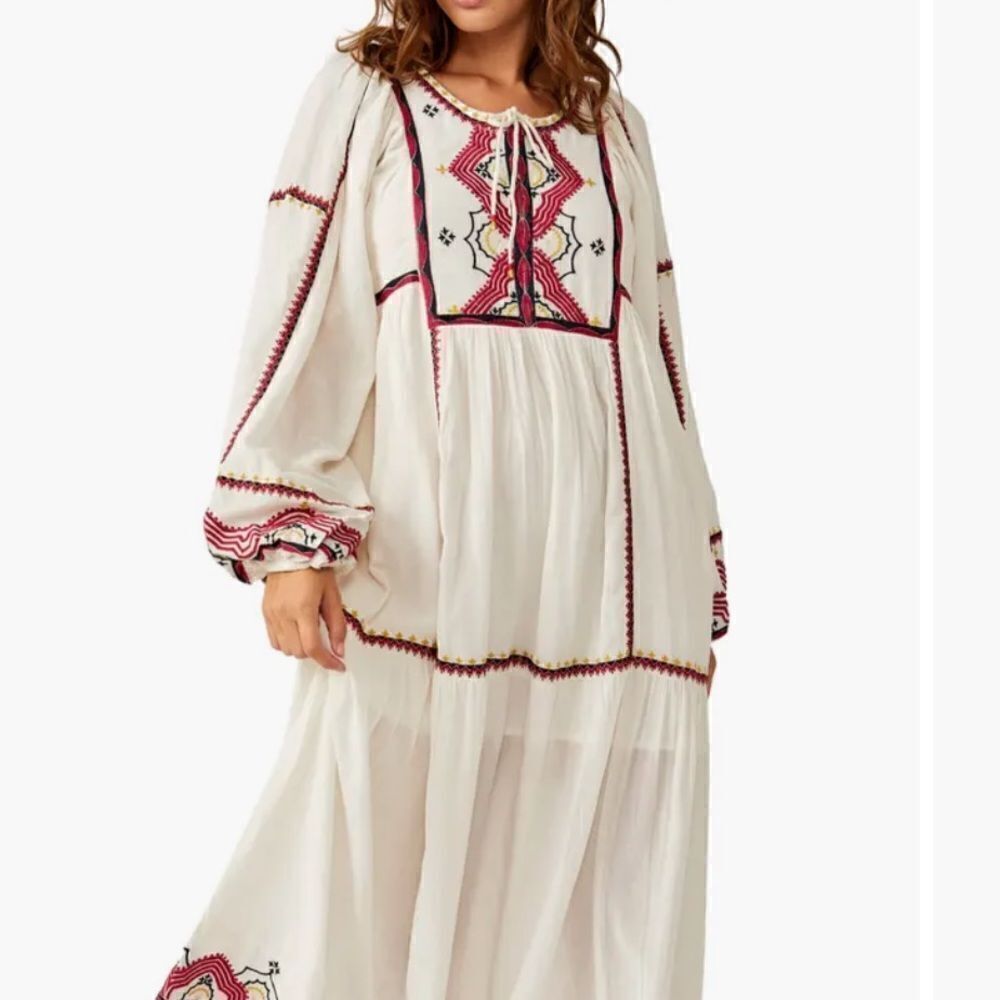 Free People Ivory Maxi Dress with Red & Black Embroidery NWT